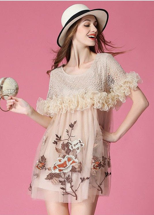 Art Beige Embroidered Ruffled Patchwork Organza Mini Dresses Short Sleeve