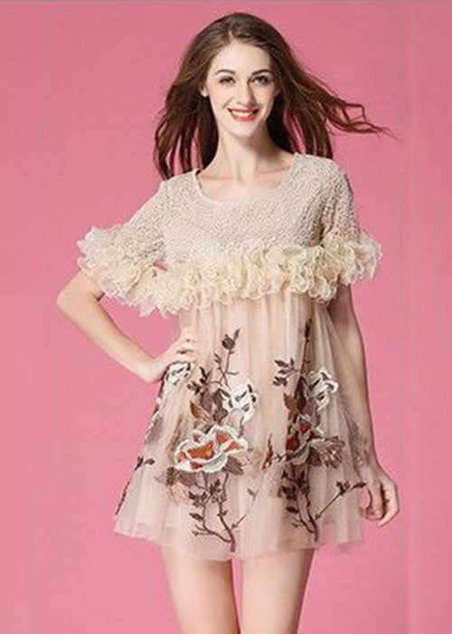 Art Beige Embroidered Ruffled Patchwork Organza Mini Dresses Short Sleeve