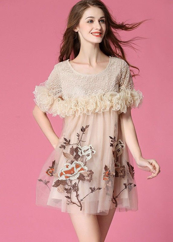 Art Beige Embroidered Ruffled Patchwork Organza Mini Dresses Short Sleeve