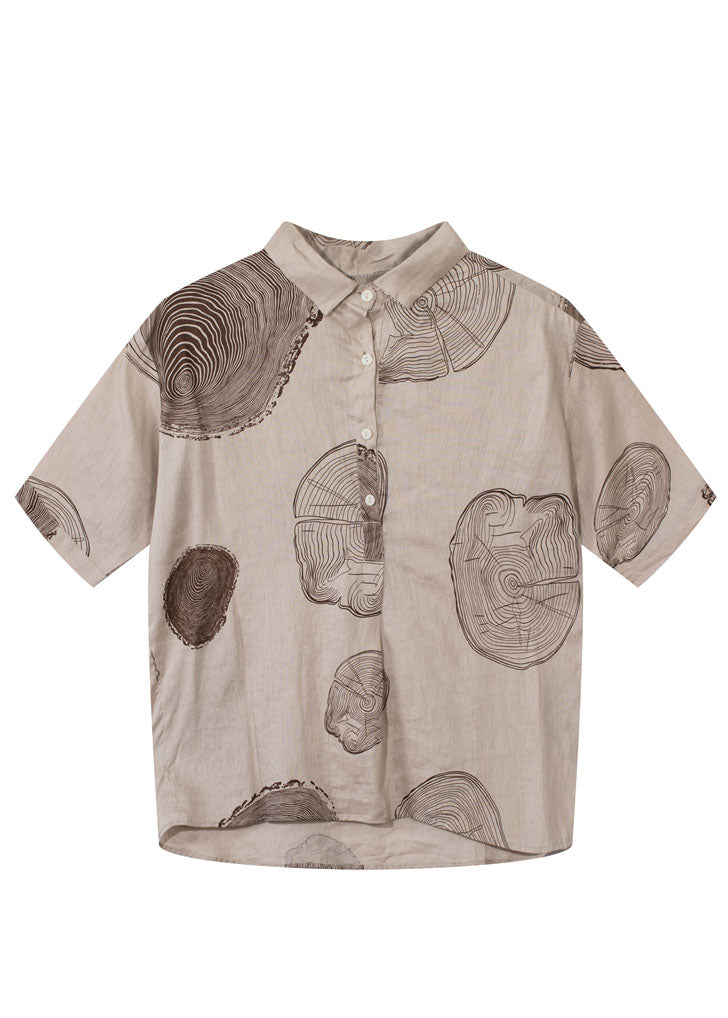 Art Beige Peter Pan Collar Print Cotton Blouse Tops Half Sleeve