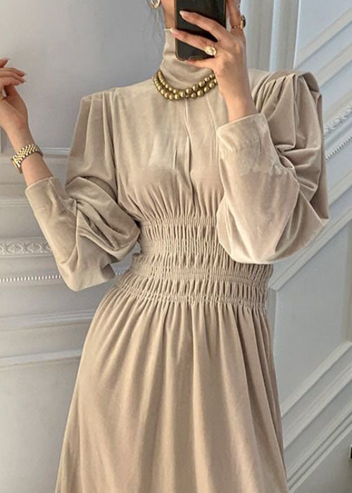 Art Beige Turtle Neck Elastic Waist Silk Velour Holiday Dress Lantern Sleeve