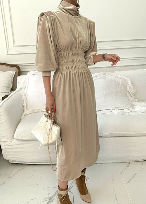 Art Beige Turtle Neck Elastic Waist Silk Velour Holiday Dress Lantern Sleeve