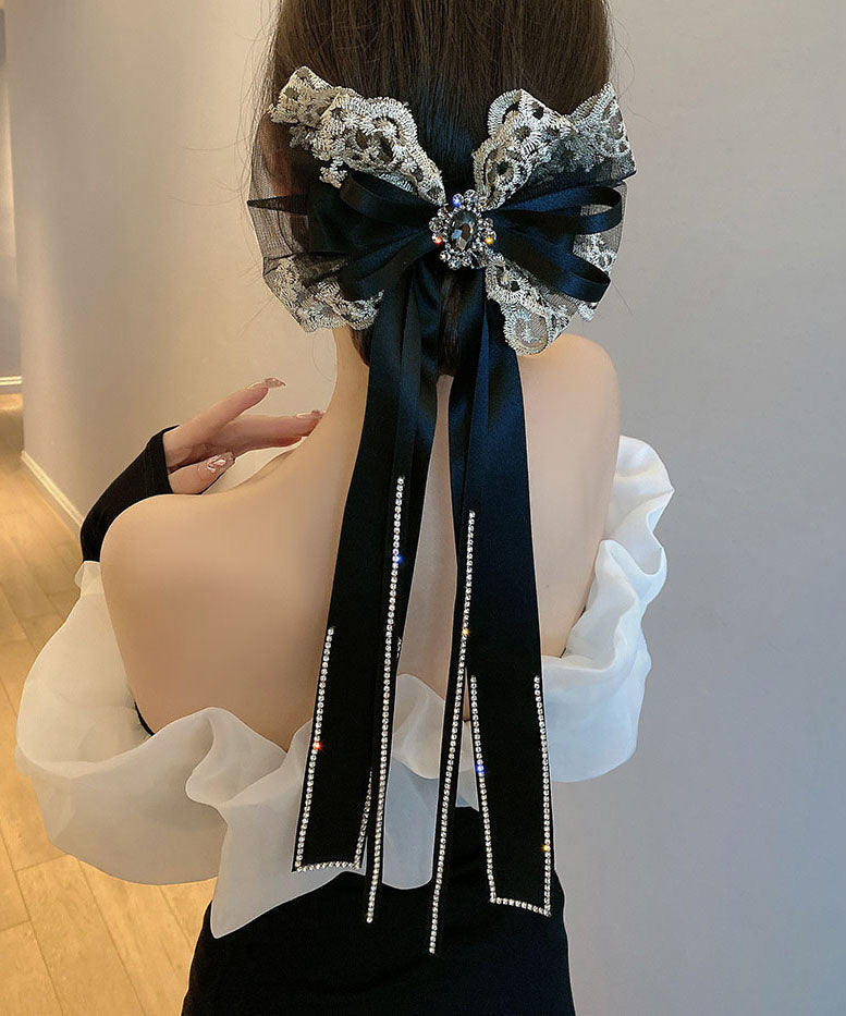 Art Black Alloy Zircon Tulle Bow Tassel Hairpin