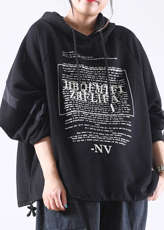 Art Black Alphabet Graphic Drawstring Side Open Hooded Sweatshirts Long Sleeve