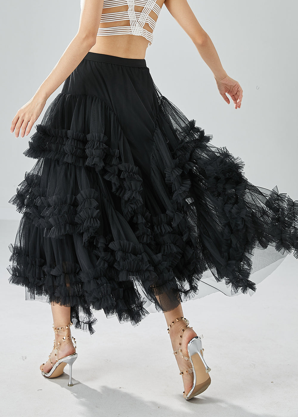 Art Black Asymmetrical Patchwork Ruffled Tulle Beach Skirts Summer