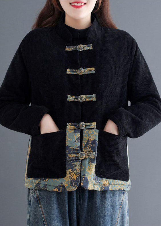 Art Black Chinese Button Patchwork Warm Fleece Coat Outwear Winter
