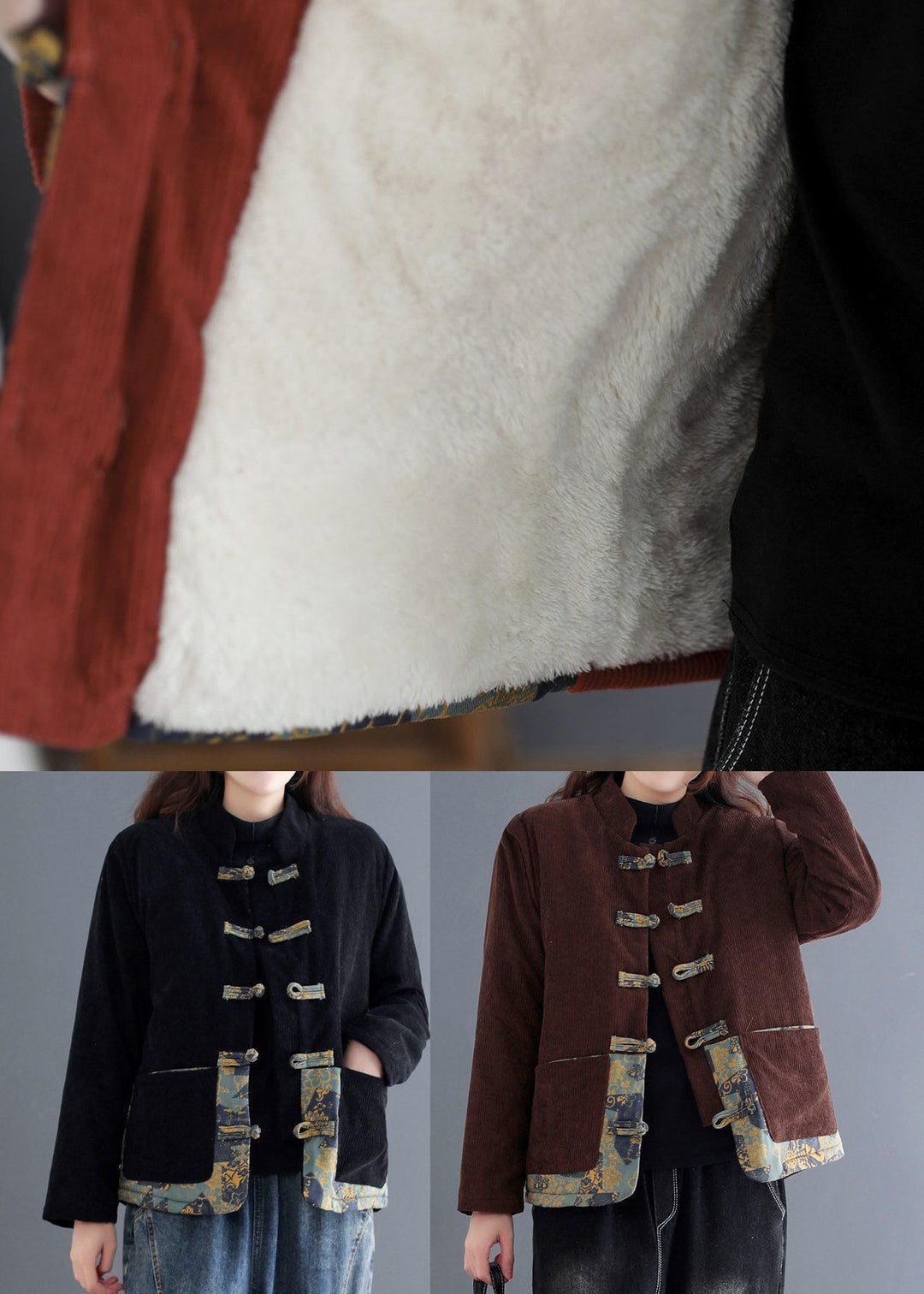 Art Black Chinese Button Patchwork Warm Fleece Coat Outwear Winter