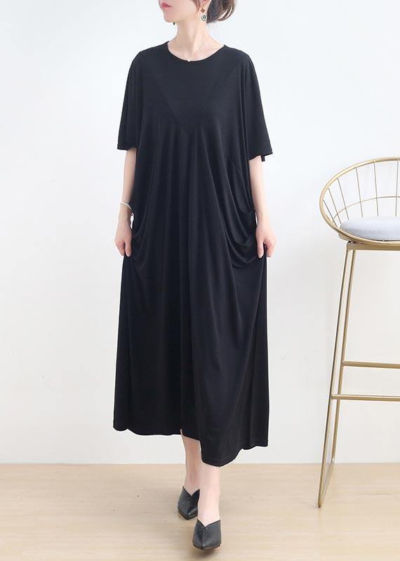 Art Black Cinched O-Neck Summer Cotton Dress - Omychic