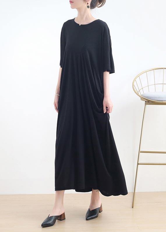 Art Black Cinched O-Neck Summer Cotton Dress - Omychic