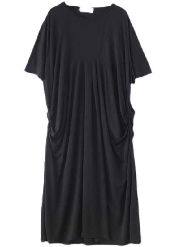 Art Black Cinched O-Neck Summer Cotton Dress - Omychic