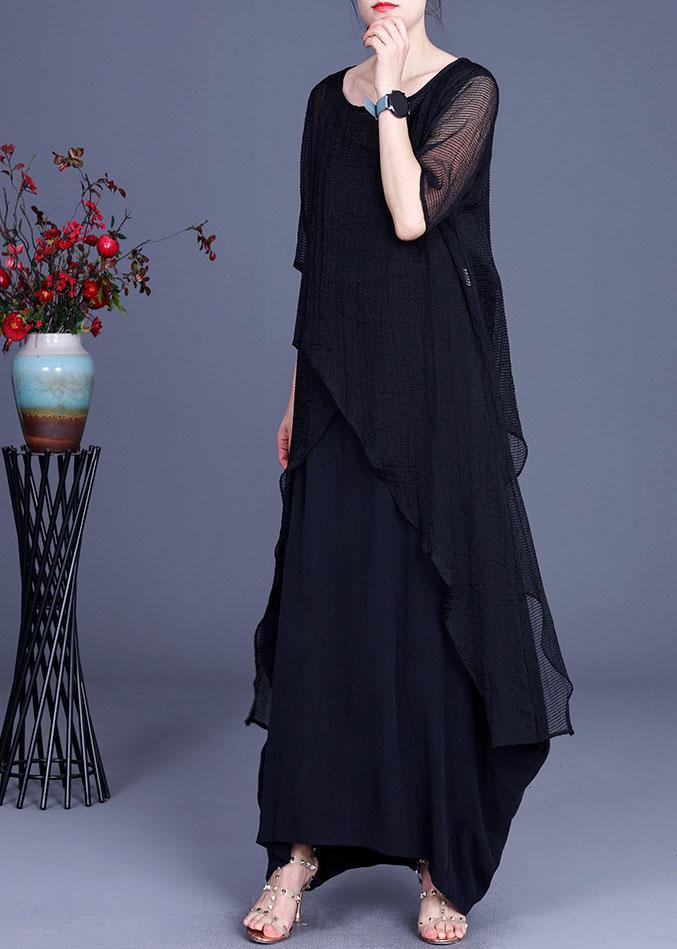 Art Black Elegant Asymmetrical O-Neck Summer Dresses Two Pieces Set - Omychic