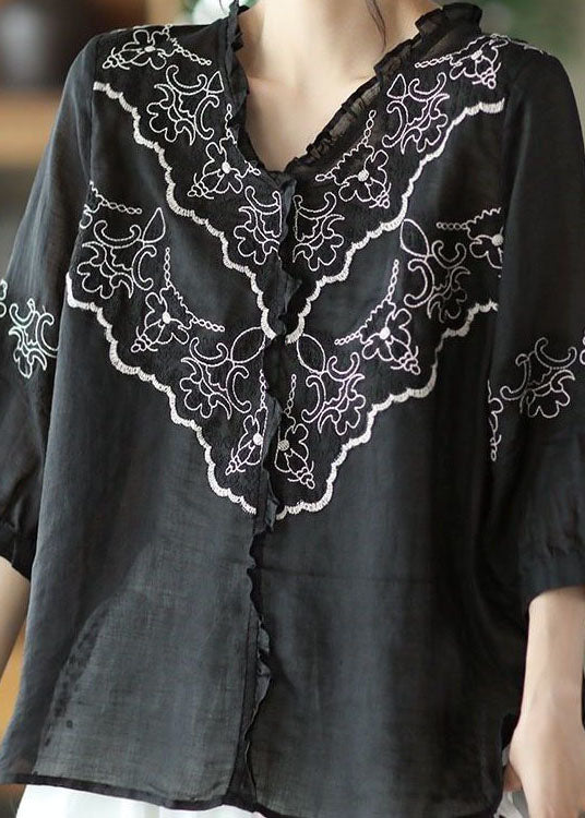 Art Black Embroidered Patchwork Linen Tops Summer