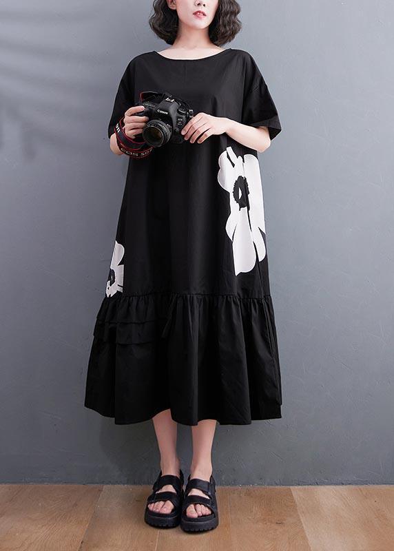 Art Black Floral asymmetrical design Maxi Summer Cotton Dress - Omychic