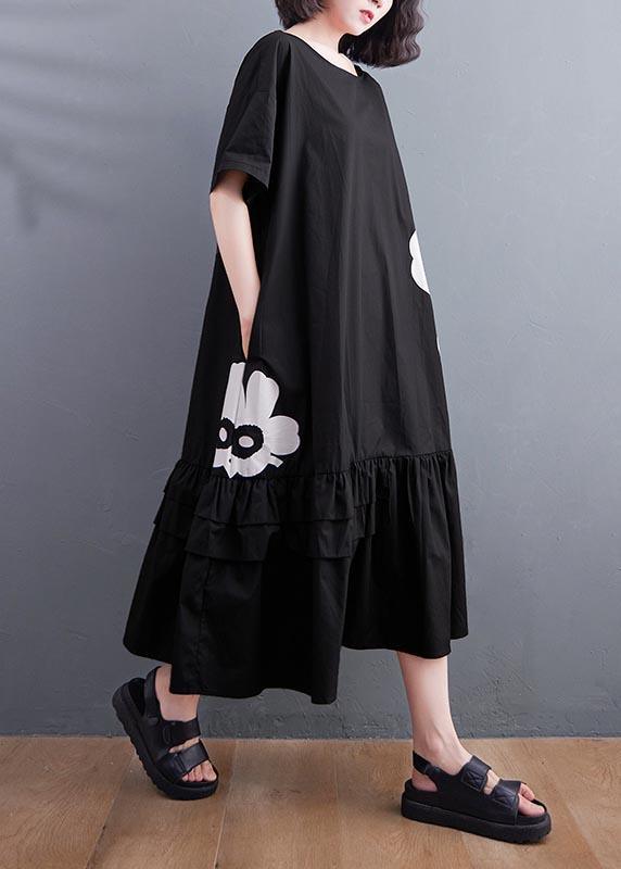 Art Black Floral asymmetrical design Maxi Summer Cotton Dress - Omychic