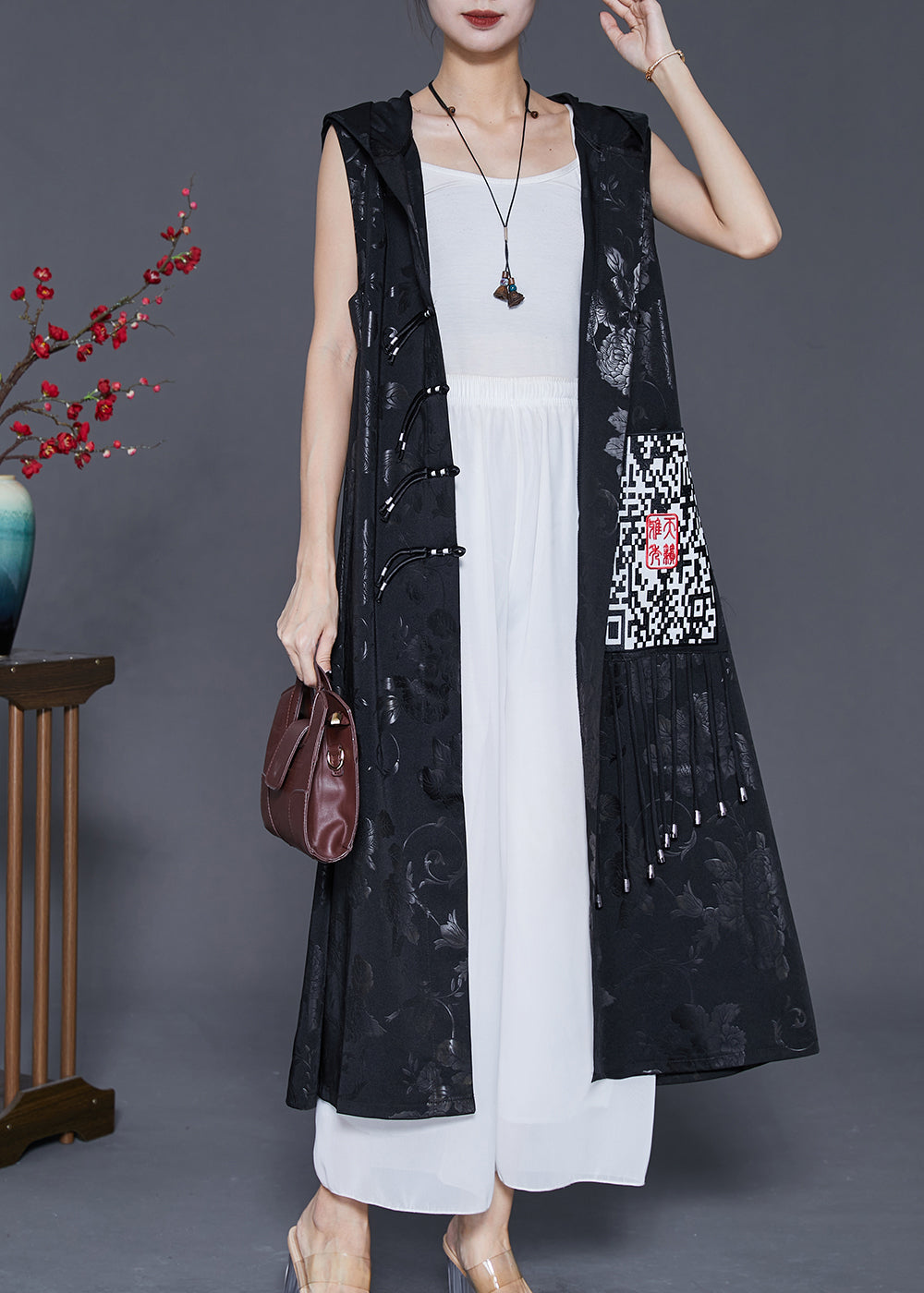 Art Black Hooded Embroidered Silk Long Vest Fall