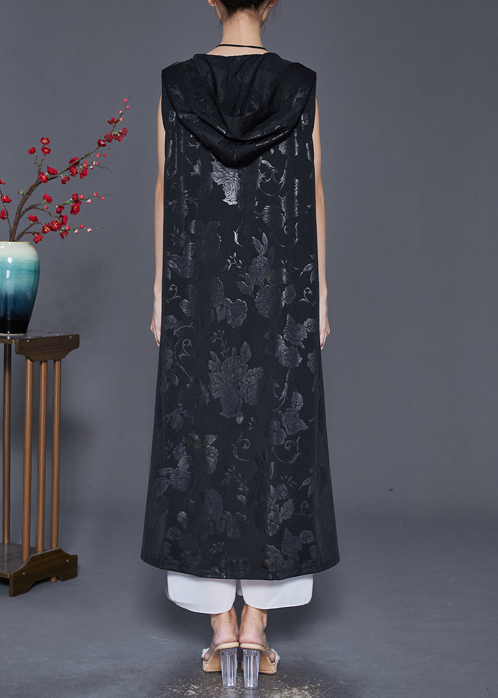 Art Black Hooded Embroidered Silk Long Vest Fall