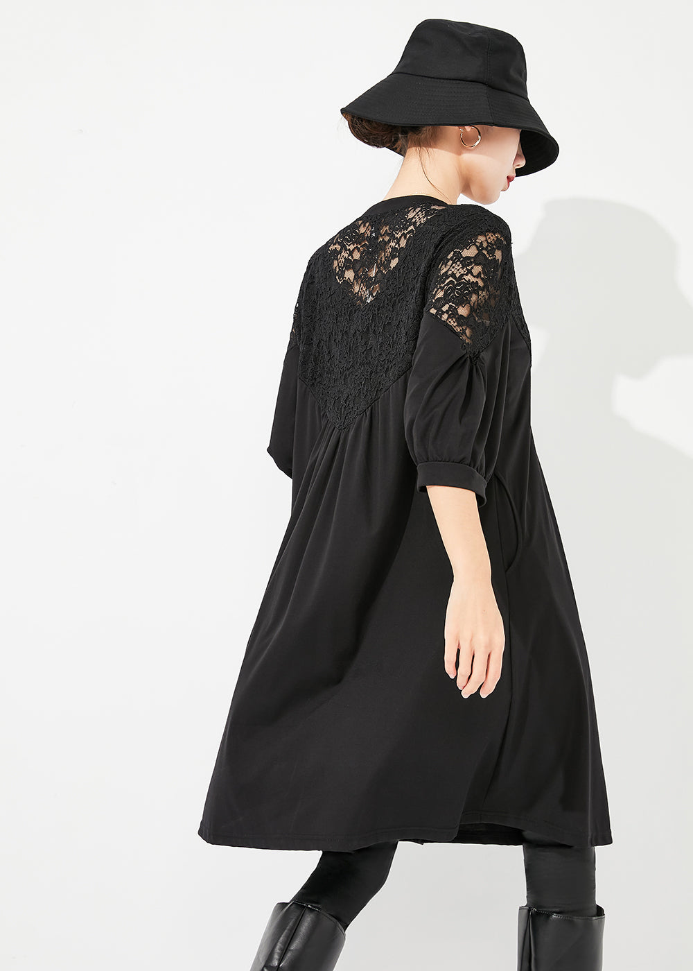 Art Black Lace Patchwork Hollow Out Wrinkled Cotton Dress Half Sleeve