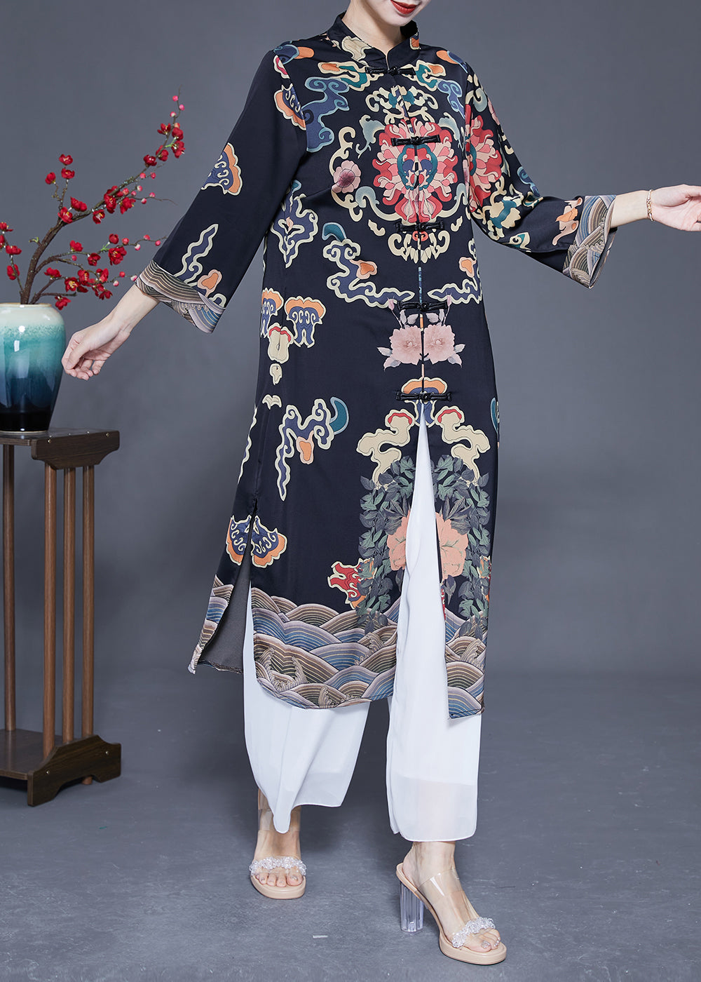 Art Black Mandarin Collar Chinese Button Print Silk Trench Coats Spring