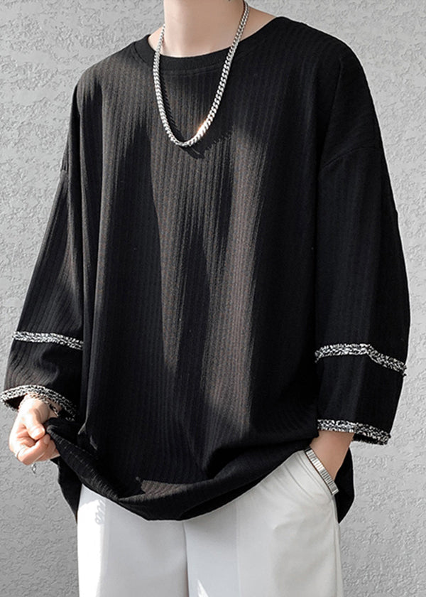 Art Black O Neck Patchwork Cotton T Shirt Tops Bracelet Sleeve