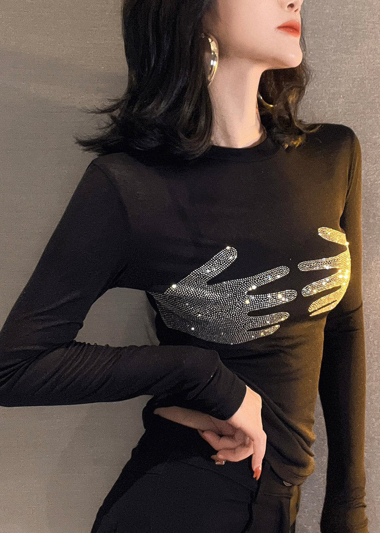 Art Black O-Neck Patchwork Rhinestone Tulle Top Long Sleeve