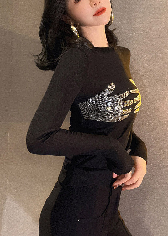 Art Black O-Neck Patchwork Rhinestone Tulle Top Long Sleeve