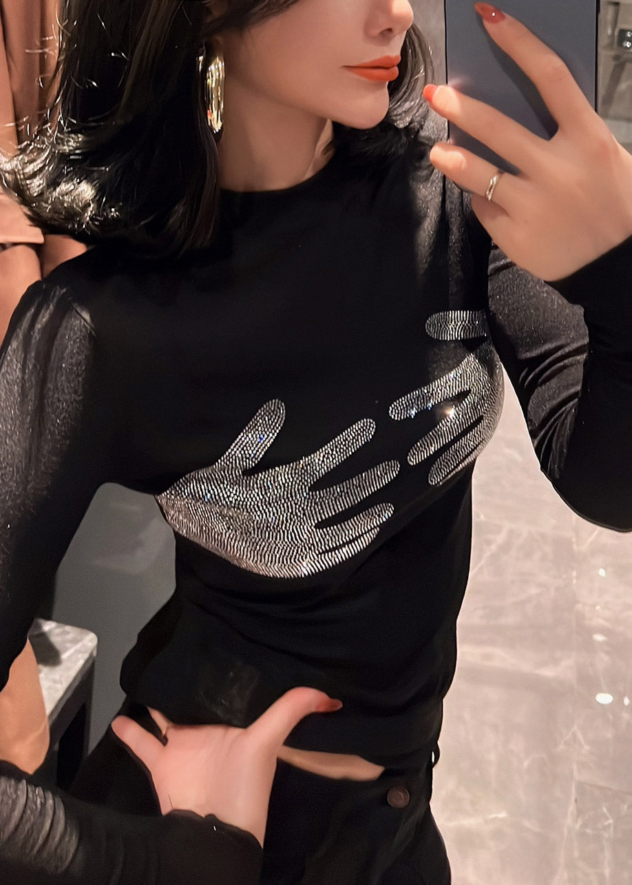 Art Black O-Neck Patchwork Rhinestone Tulle Top Long Sleeve