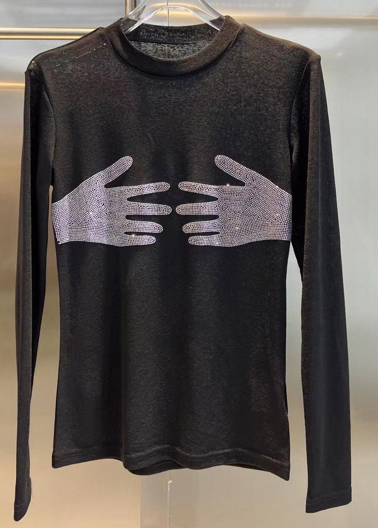 Art Black O-Neck Patchwork Rhinestone Tulle Top Long Sleeve