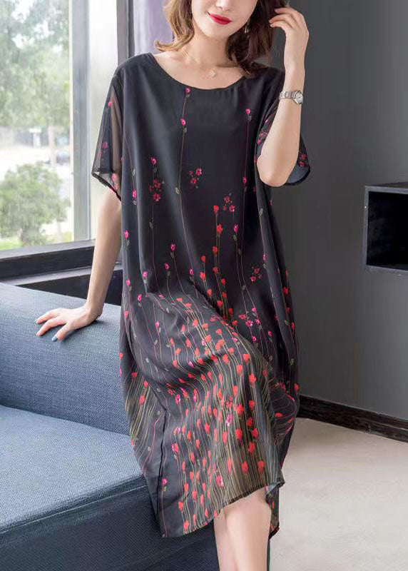 Art Black O Neck Print Patchwork Chiffon Mid Dress Summer