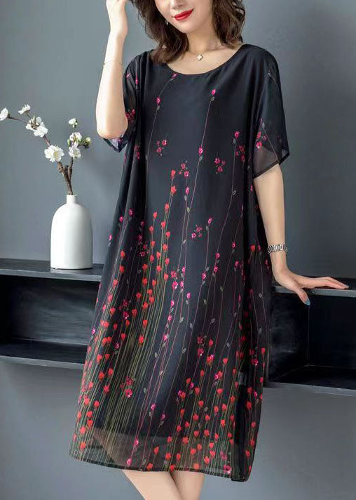 Art Black O Neck Print Patchwork Chiffon Mid Dress Summer