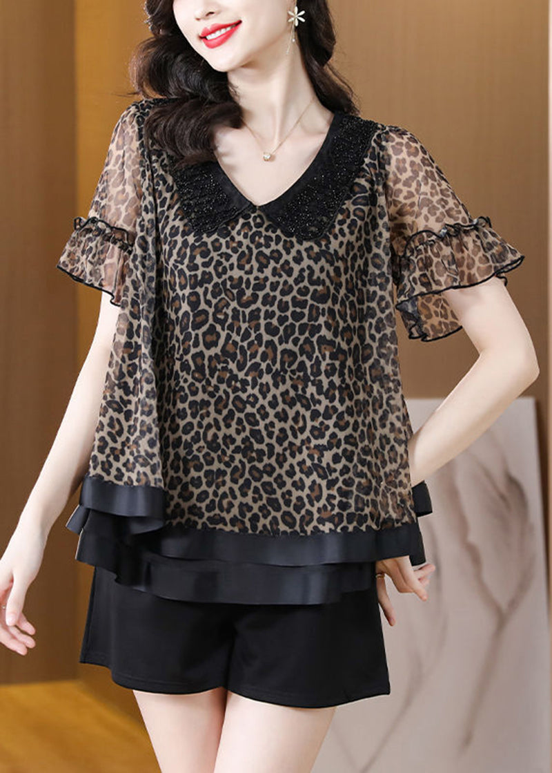 Art Black Oversized Patchwork Leopard Print Chiffon Two Pieces Set Summer