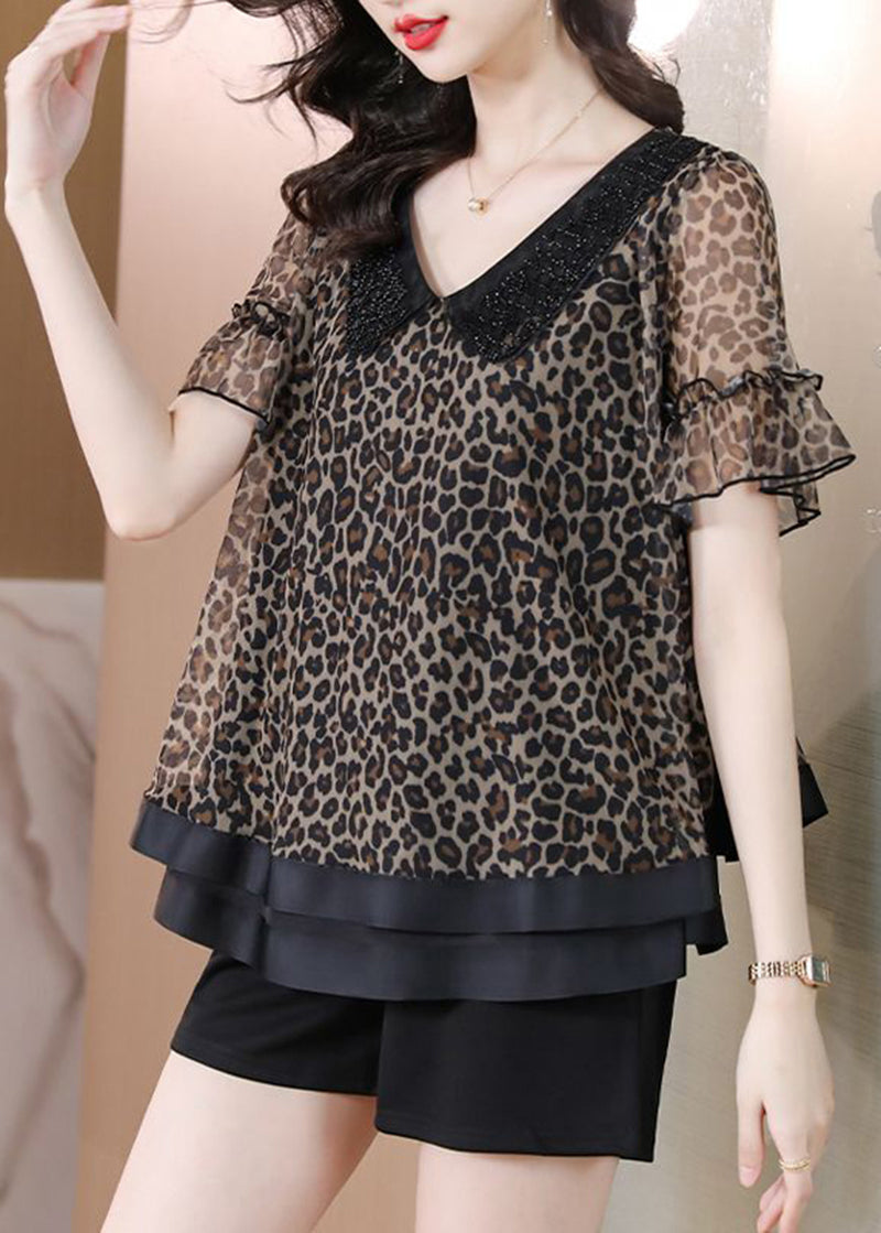 Art Black Oversized Patchwork Leopard Print Chiffon Two Pieces Set Summer