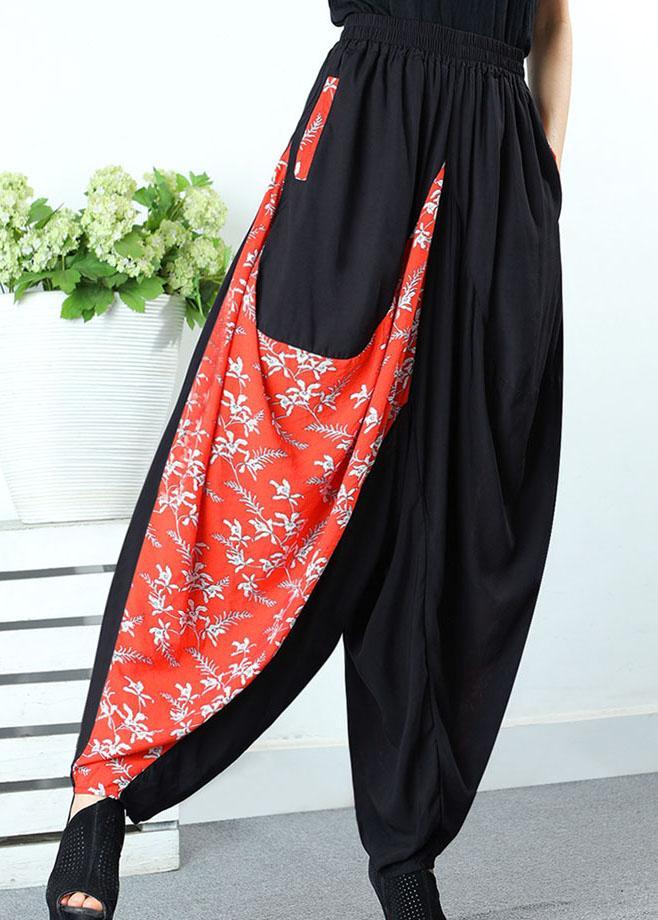 Art Black Patchwork Orange Pockets Print Spring Pants - Omychic