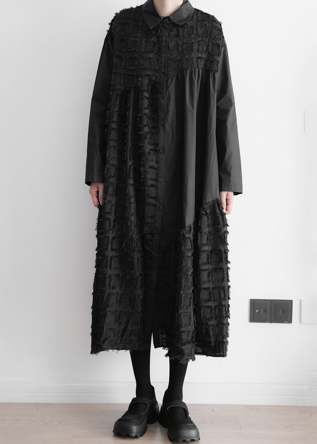 Art Black Patchwork Wrinkled Maxi Shirts Dresses Long Sleeve