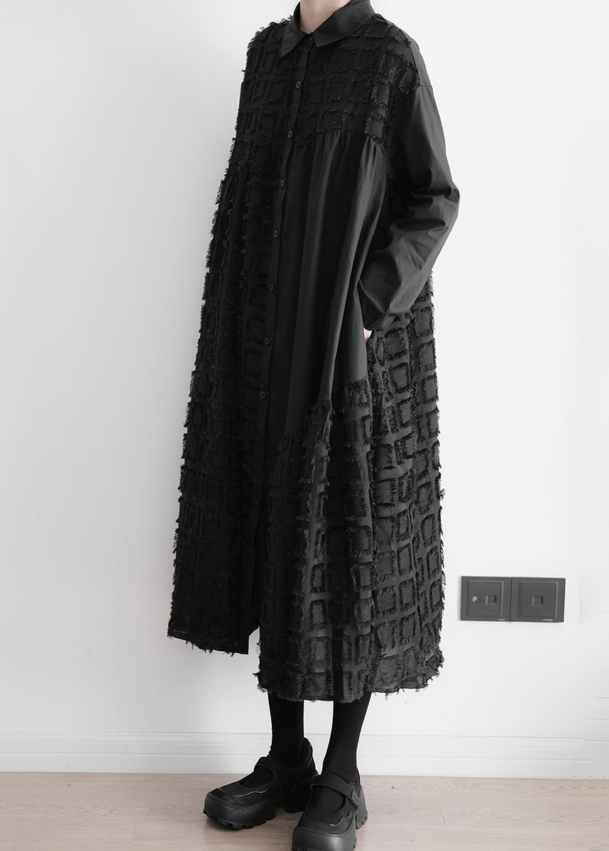 Art Black Patchwork Wrinkled Maxi Shirts Dresses Long Sleeve