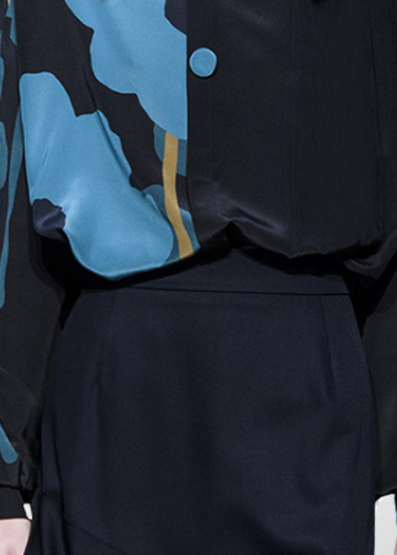 Art Black Peter Pan Collar Asymmetrical Print Blouse Tops Spring