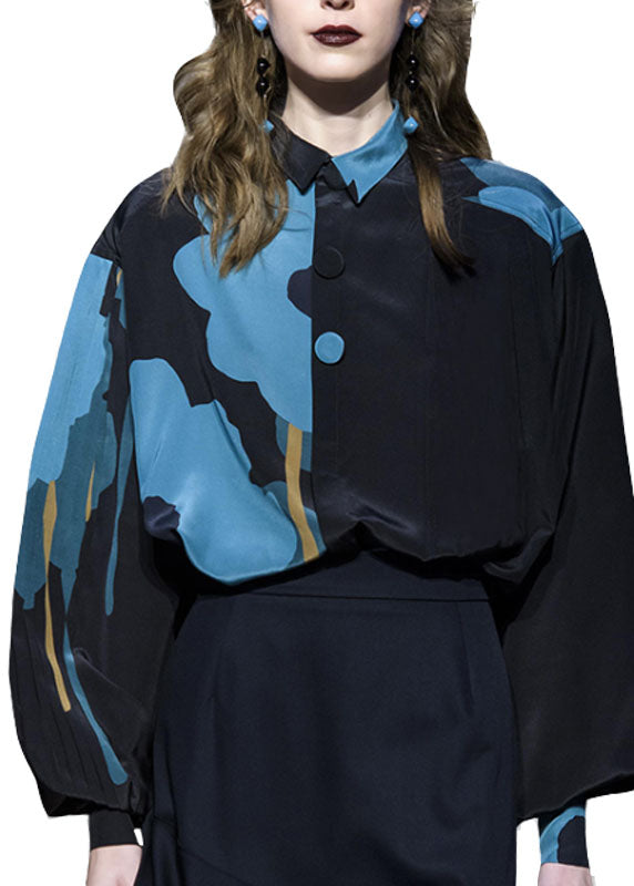 Art Black Peter Pan Collar Asymmetrical Print Blouse Tops Spring