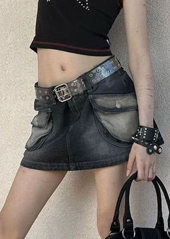 Art Black Pockets Patchwork Slim Fit Denim Skirts Fall