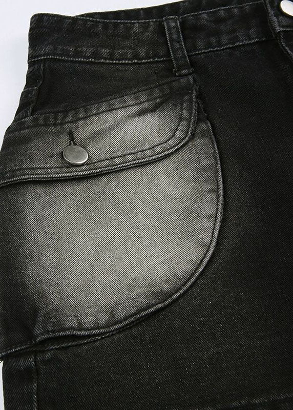 Art Black Pockets Patchwork Slim Fit Denim Skirts Fall