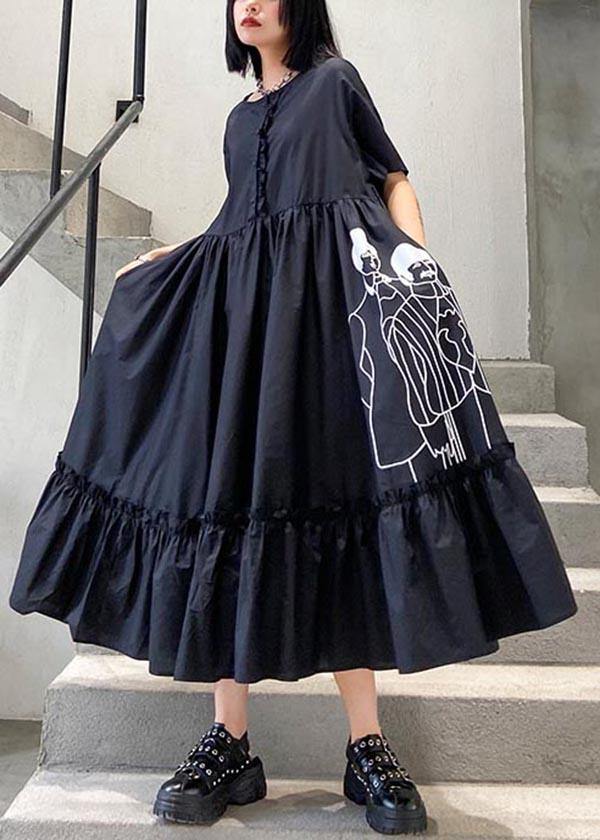 Art Black Print Cinched Pockets Summer Robe Dresses - Omychic