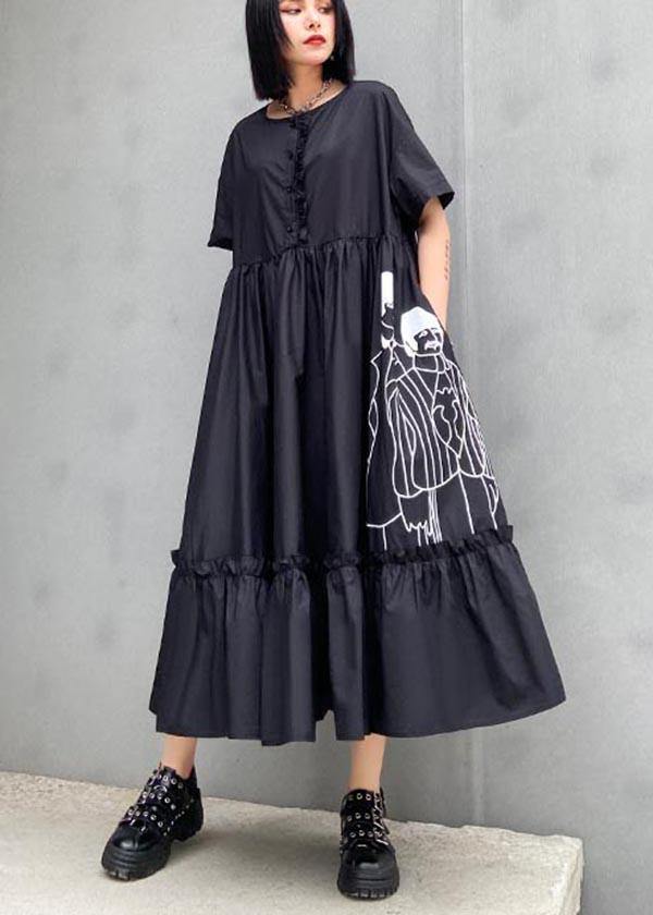 Art Black Print Cinched Pockets Summer Robe Dresses - Omychic