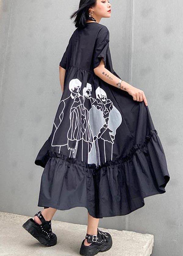 Art Black Print Cinched Pockets Summer Robe Dresses - Omychic