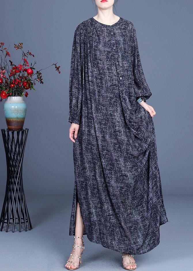 Art Black Print asymmetrical design side open Holiday Summer Spring Linen Dress - Omychic