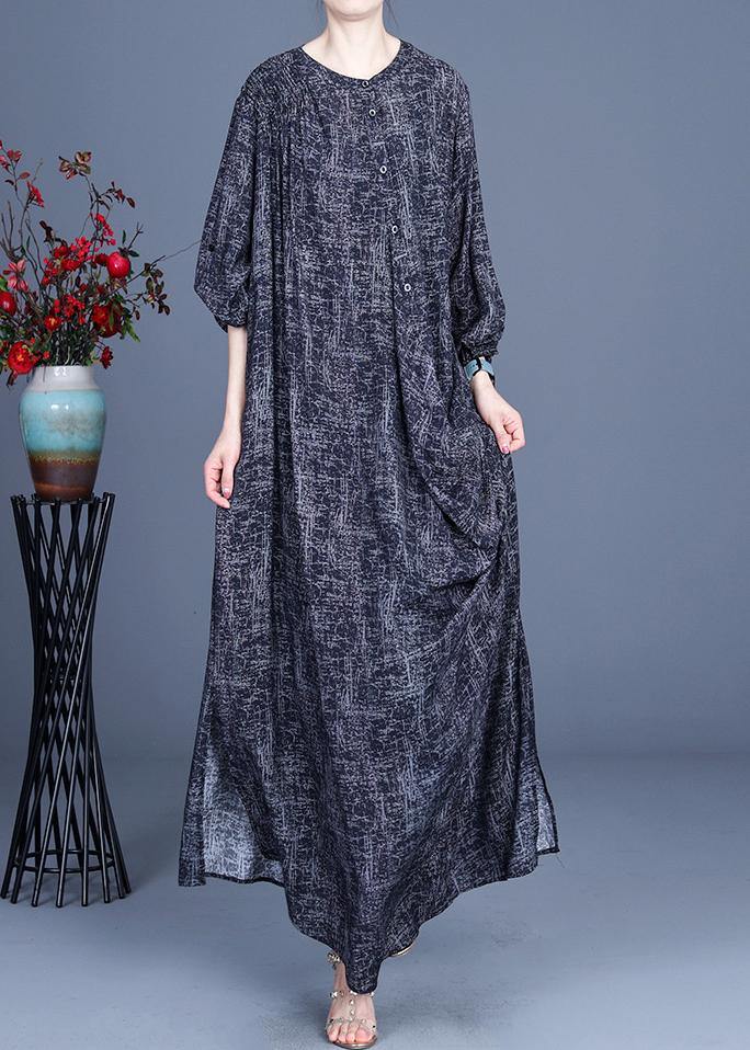 Art Black Print asymmetrical design side open Holiday Summer Spring Linen Dress - Omychic