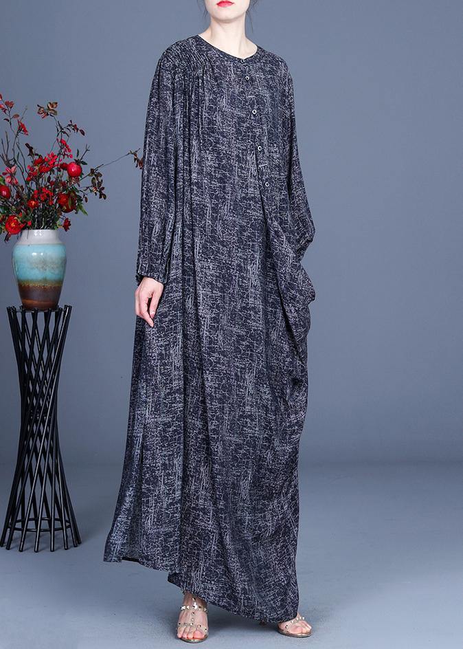 Art Black Print asymmetrical design side open Holiday Summer Spring Linen Dress - Omychic