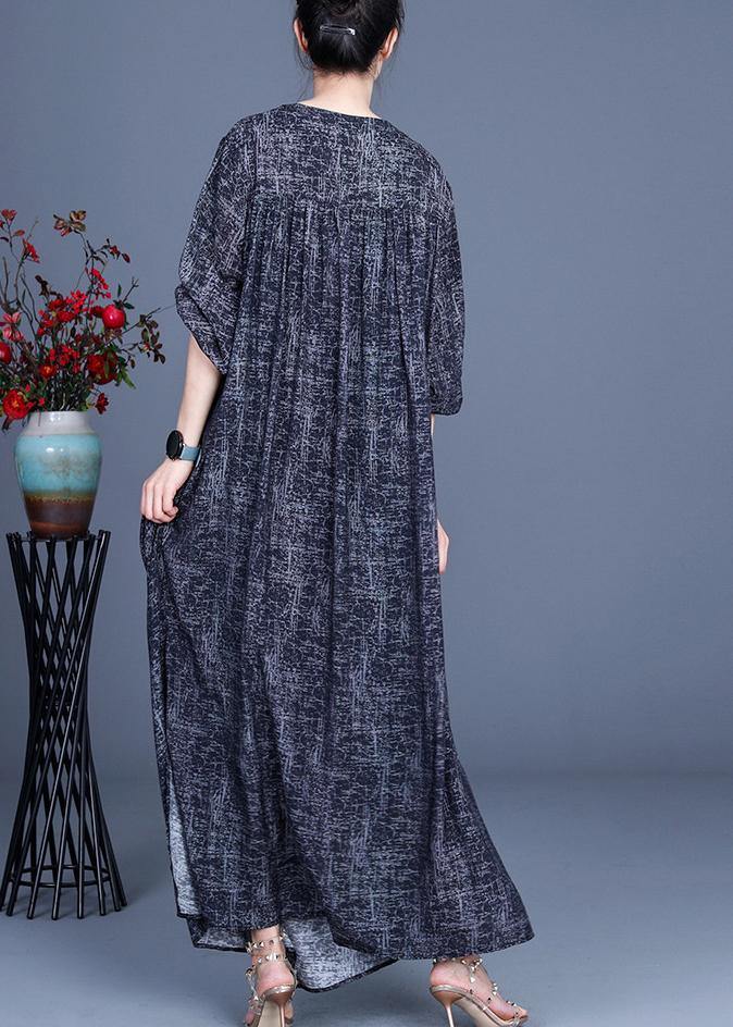 Art Black Print asymmetrical design side open Holiday Summer Spring Linen Dress - Omychic