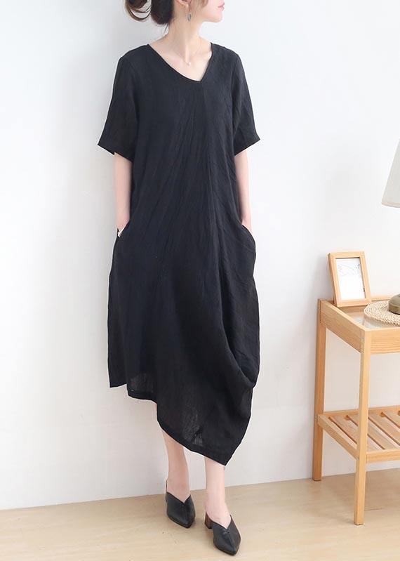 Art Black Short Sleeve Casual Maxi Summer Linen Dress - Omychic