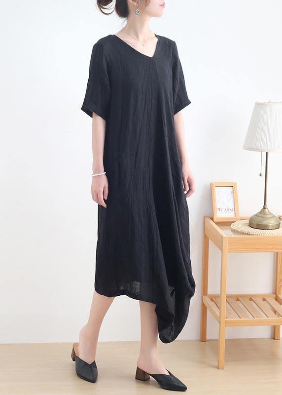 Art Black Short Sleeve Casual Maxi Summer Linen Dress - Omychic