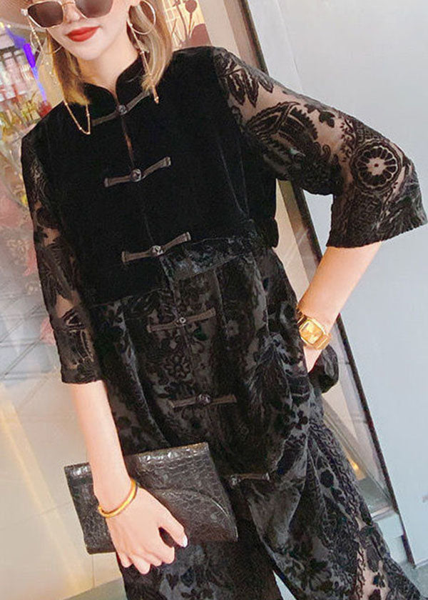 Art Black Stand Collar Embroidered Hollow Out Velour Chinese Style Two Pieces Set Half Sleeve