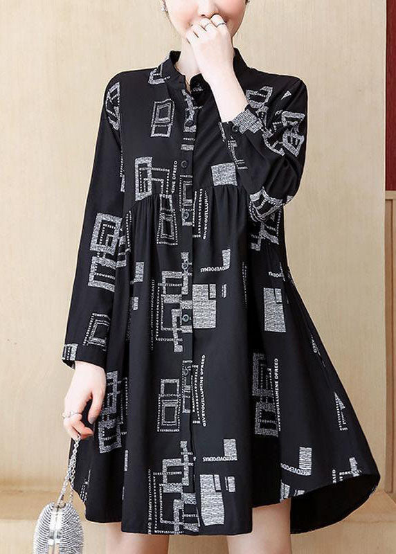 Art Black Stand Collar Patchwork Wrinkled Long Blouse Top Fall
