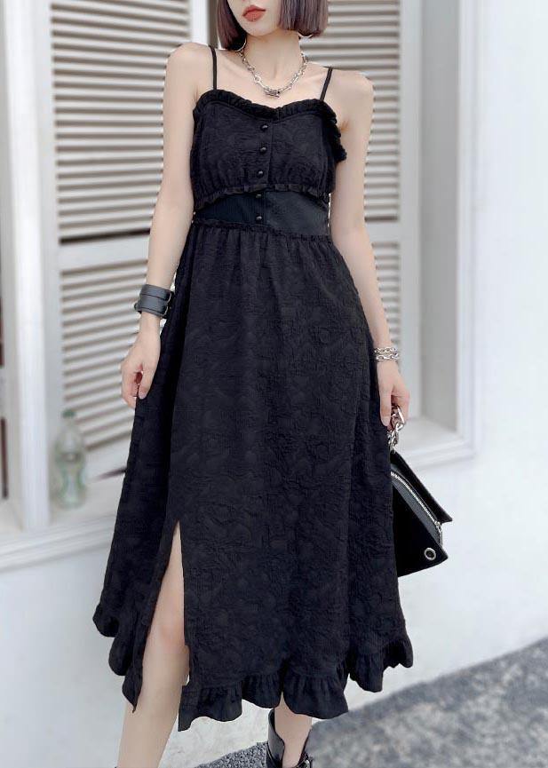 Art Black Summer Ruffled Button Cotton Maxi Dress - Omychic